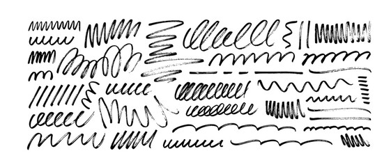 Hand drawn collection of underline strokes in marker brush doodle style. Black pencil sketches, freehand drawings, swashes and scribbles. Vector chaotic black scribbles. Pencil squiggles. - obrazy, fototapety, plakaty