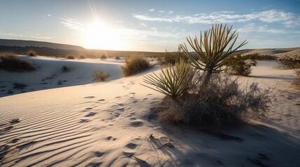White sand desert on a sunny day with small arid plants Generative AI