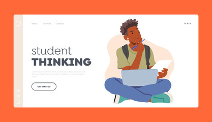 Student Thinking Landing Page Template. Pensive Boy Sitting With Laptop And Paper Sheet Think on task, Studying