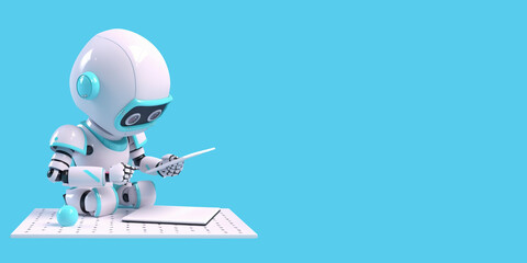 Cute robot attempting to write or compose a letter. Plenty of empty copy space in the blue background for your own text. Created with Generative AI.