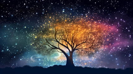 Obraz na płótnie Canvas Dark Tree with Colorful Leaves and Galactic Starry Sky Background, generative ai