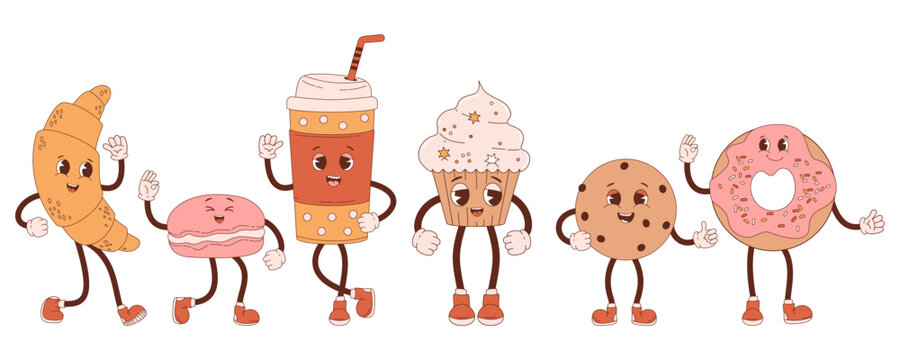 Retro characters confectionery and coffee to go. Cute cartoon sweet croissant, cupcake, donut, chocolate chip cookies and macaron. Vector illustration. Isolated collection desserts in nostalgic style.