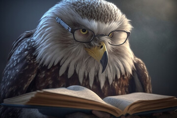 Wise old eagle bird with glasses reading from a book. Knowledge wisdom and education concept. Study and learning mascot. Ai generated