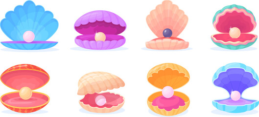 Cartoon pearl shells. Underwater pearls in shell, open scallop with luxury sphere, oysters clam seashell marine jewel shellfish sea elegant decoration, set neat vector illustration