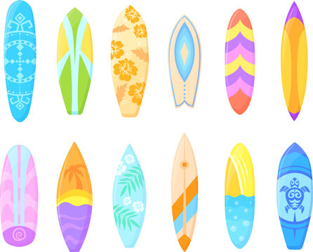 Hawaii longboards. Unusual colorful surfboards, surfing malibu or australia sun beach hawaiian surfer wooden board decoration, surf bodyboarding object set neat vector illustration