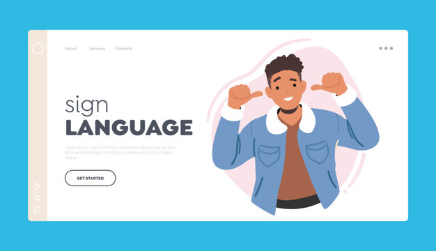 Sign Language Landing Page Template. Confident Man Pointing Towards Himself With Beaming Smile On Face