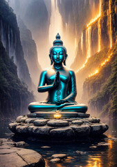 Buddah meditating in the mountains. Beautiful image of Budda praying on the rock with putstanding background. 3D rendering