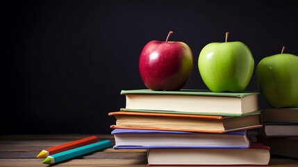 Apple On Stack Books With Supplies - Back To School. Generative AI