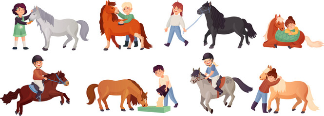 Kids care horses. Little equestrians riding on ponies, child grooming feed small horse, kid cavalier hug pony, cartoon horseman in equine farm ranch, ingenious vector illustration