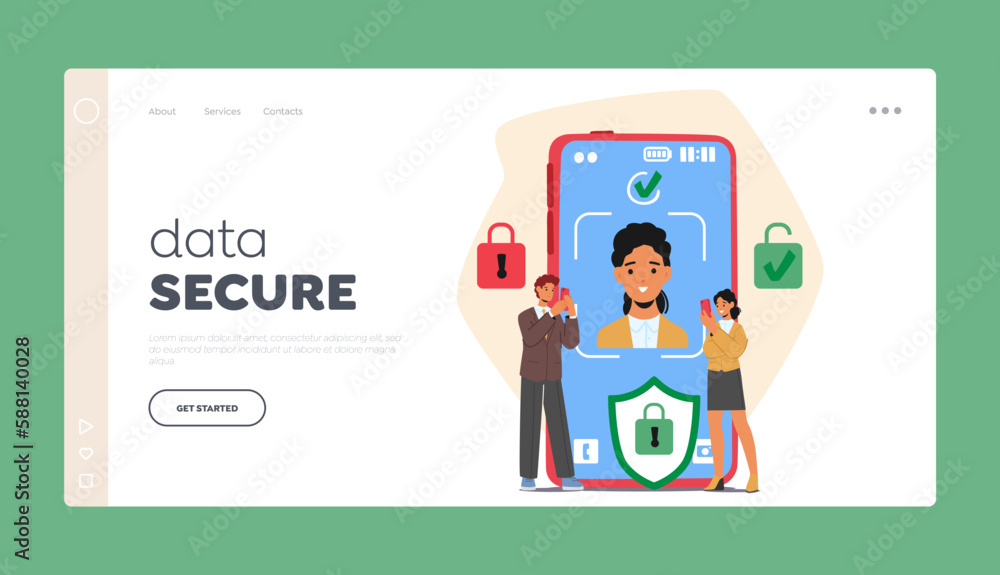Poster data secure landing page template. tiny characters standing near huge phone screen with personal dat