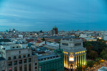 Fototapeta na wymiar View of the skyline cityscape of Madrid after sunset illuminated, Spain