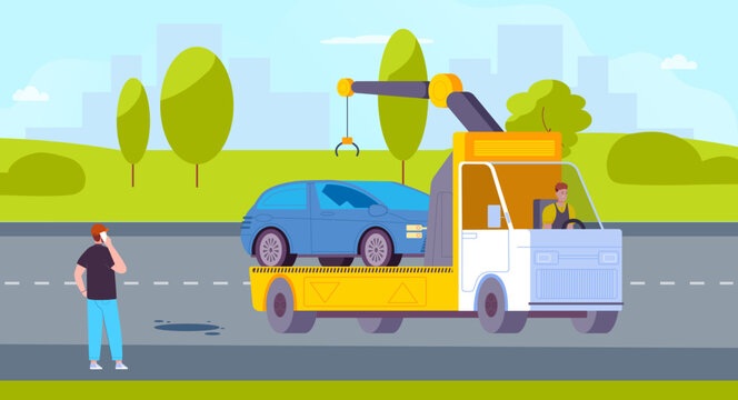 Roadside assistance. Professional insurance service of towing car and help emergency on road, truck crane tow breakdown auto evacuation to mechanic maintenance vector illustration