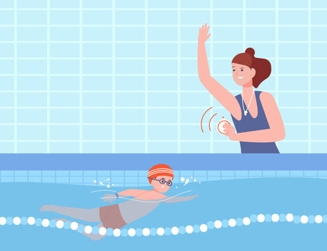 Swimming coach. Professional swim instructor with stopwatch poolside, child swimmer sportsman training in pool for competition, lesson of woman swimmers teacher vector illustration