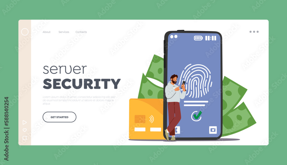 Poster server security landing page template. tiny character stand by a giant phone with fingerprint on scr
