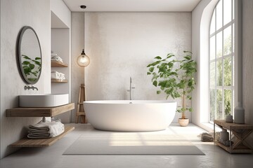 Obraz na płótnie Canvas minimalist bathroom with a white bathtub positioned near a large window. Generative AI