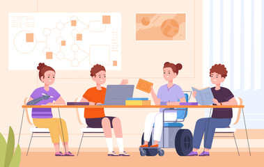 Inclusive school friends. University children communication, pupil in wheelchair at table of craft groups study with kids teamwork, splendid vector illustration