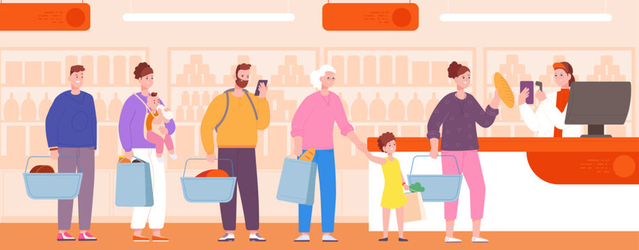 Line at counter supermarket. Customers lined-up queue cashier checkout grocery store, register cash food shop, convenience shopping happy client crowd, splendid vector illustration