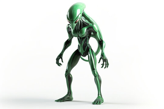 Green cyber alien on isolated white background, generative ai