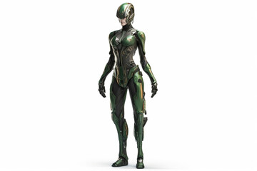 Alien in sci-fi green futuristic armor, white background, generative ai
