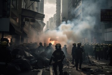 Officers are dressed in riot gear and are using shields and batons to push back the protesters. The scene is chaotic, with smoke and debris filling the air Generative AI
