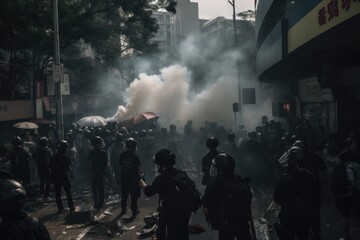 Fototapeta na wymiar Officers are dressed in riot gear and are using shields and batons to push back the protesters. The scene is chaotic, with smoke and debris filling the air Generative AI 