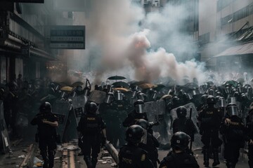 Fototapeta na wymiar Officers are dressed in riot gear and are using shields and batons to push back the protesters. The scene is chaotic, with smoke and debris filling the air Generative AI 