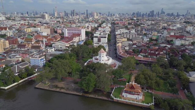 river, Phra Sumen Fort, bangkok thailand. Majestic aerial view flight drone