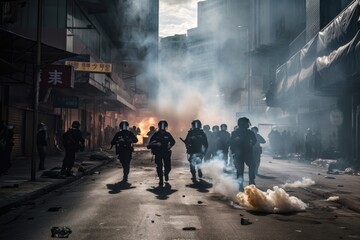 Officers are dressed in riot gear and are using shields and batons to push back the protesters. The scene is chaotic, with smoke and debris filling the air Generative AI
