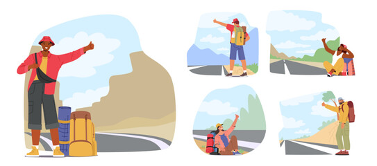 Set Hitchhiker Characters Stand On The Side Of Road With Backpack, Waiting For A Ride. Adventure, Freedom Concept