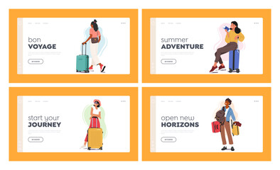 Women Travel Landing Page Template Set. Female Characters with Suitcases And Bags Heading Towards The Airport