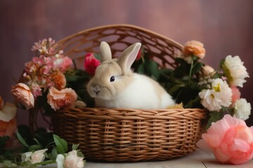The rabbit sitting in a pink basket filled with flowers Generative AI