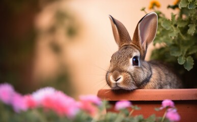 Fototapeta premium The rabbit peeking out from a pink flower pot with flowers in bloom Generative AI