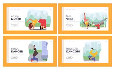 Street Dancers Landing Page Template Set. Men and Women Caught in Different Movement Poses. Concept for Urban Trends