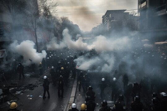 Officers are dressed in riot gear and are using shields and batons to push back the protesters, who are holding signs and throwing objects. The scene is chaotic, with smoke and debris filling the air 