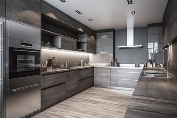 contemporary kitchen with stainless steel appliances and wooden flooring. Generative AI