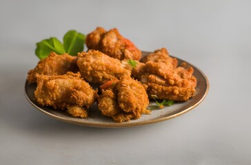 Fried chicken wings on a wooden cutting board with herbs