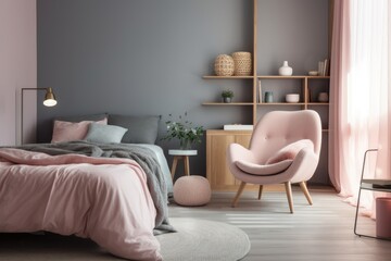 cozy bedroom with a comfortable bed, a reading chair, and a stylish shelf. Generative AI