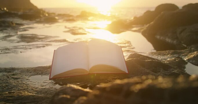 Open book at sunset light outdoors. Sacred Holy Bible on rocky beach.