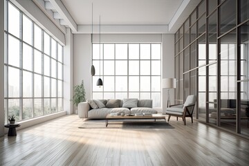 modern living room with a spacious window and comfortable seating. Generative AI