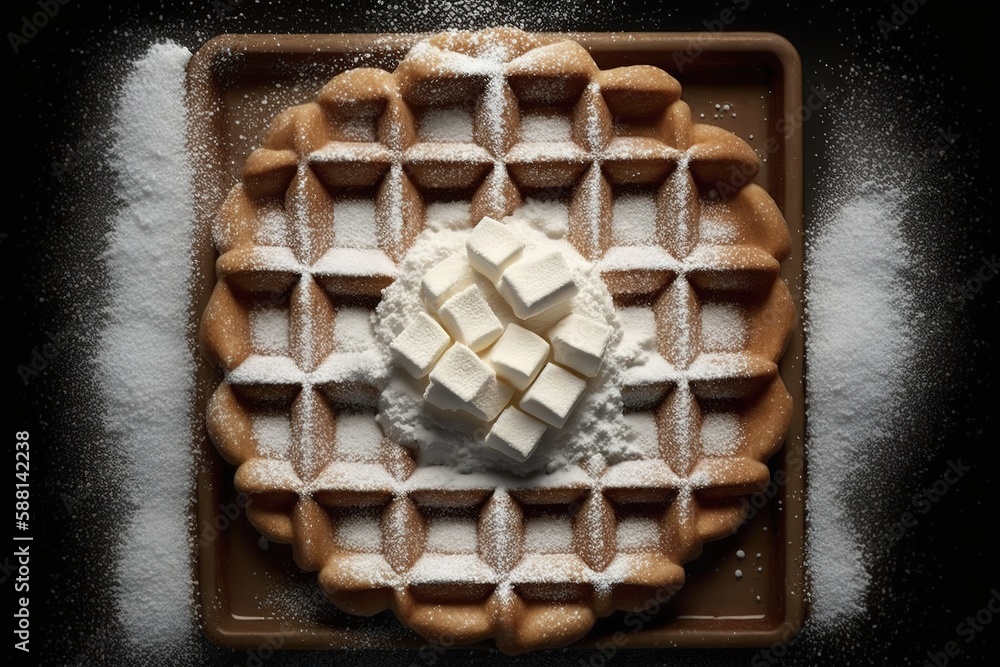 Poster waffles topped with powdered sugar, as seen from above generative ai