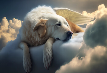 sleeping dog on a cloud. heaven for dogs. pet death. ai generated