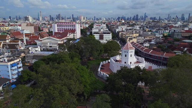 city at Phra Sumen Fort, bangkok thailand. Fabulous aerial view flight drone