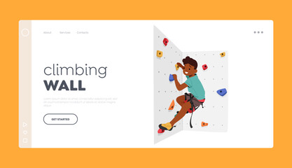 Obraz na płótnie Canvas Climbing Wall Landing Page Template. Child Conquering A Climbing Wall With Determination And Skill Vector Illustration