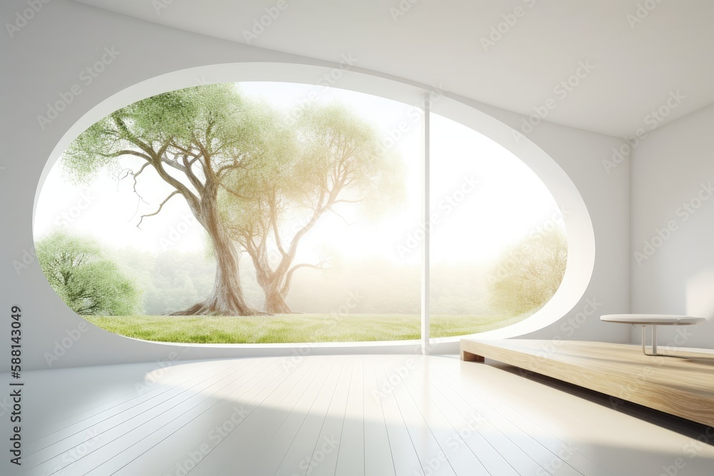 Poster cozy room with a round window overlooking a beautiful tree. generative ai