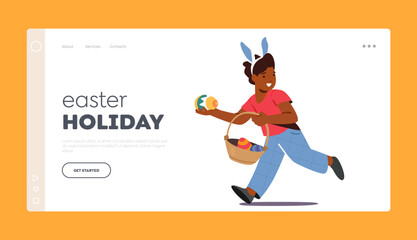 Easter Holiday Landing Page Template. Little Boy Wearing Rabbit Ears Run with Basket Full Of Colorful Easter Eggs