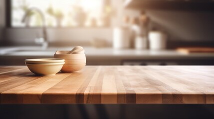 Naklejka na ściany i meble Empty wooden tabletop with blurred kitchen background and copy space
