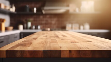 Empty wooden tabletop with blurred kitchen background and copy space