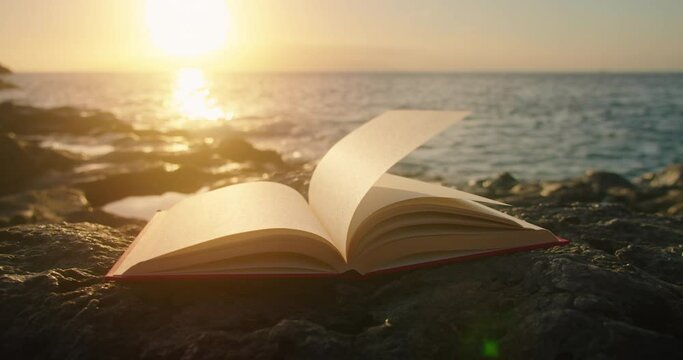 Wind turns the pages of open book with bright sunset light. Reading education concept. Cinematic magical ocean beach. Scriptures Holy Bible.