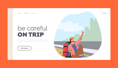 f Freedom, Outdoor, Travel Landing Page Template. Female Character Hitchhiker Sitting with Backpack By The Roadside