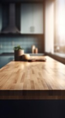 Empty wooden tabletop with blurred kitchen background and copy space